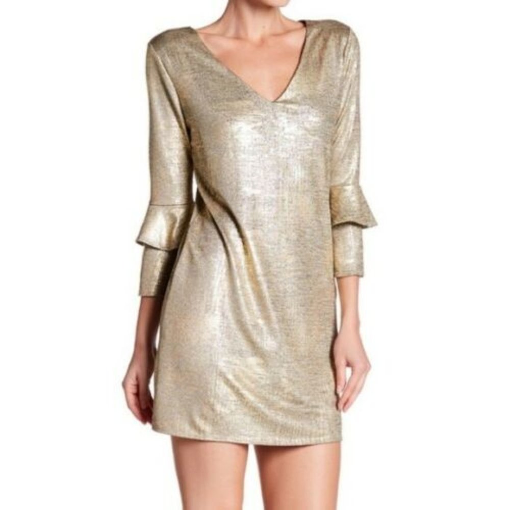 The Vanity Room Dress Large Gold 3/4 Sleeve Ruffle